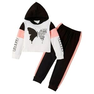 PatPat Girls Black White and Pink Butterfly Hoodie Jogger Set
